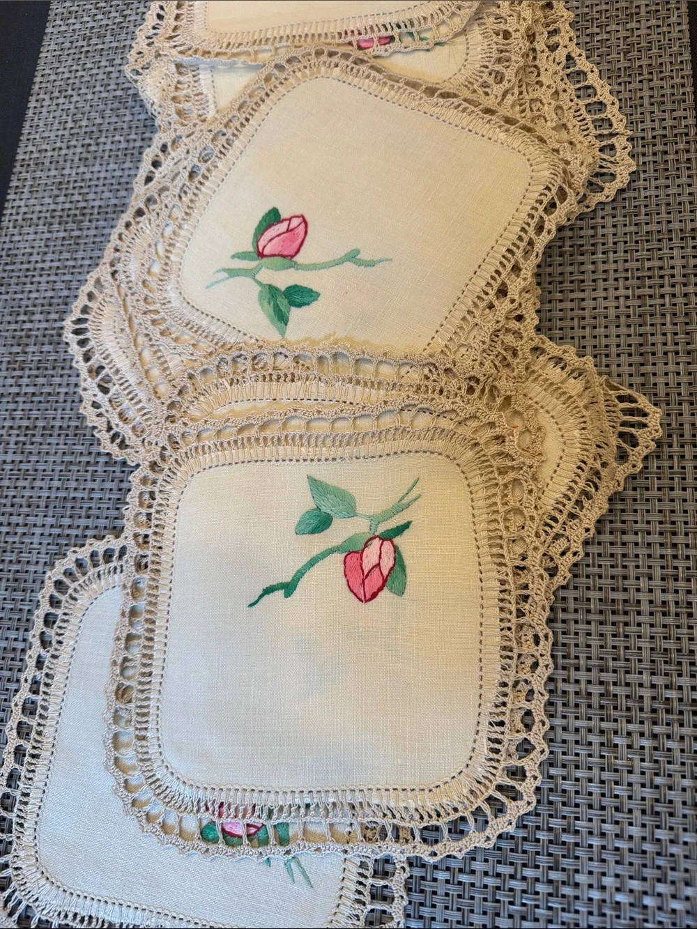 Vintage 24 Hand-Embroidered Pink Rose Linen Doily - Vintage Style